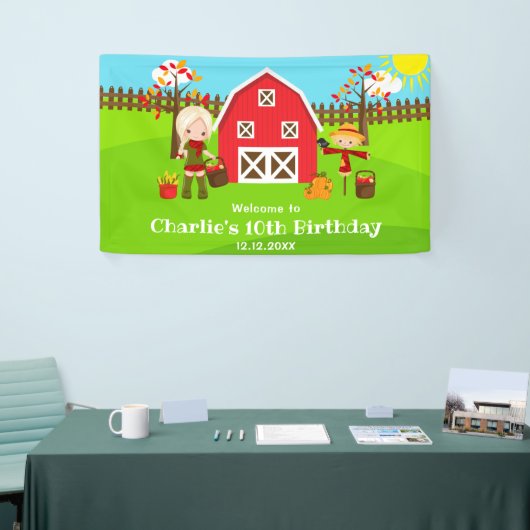 Herfst Barnyard Verjaardag Blond Haar Meisje Welko Spandoek (Beurs)