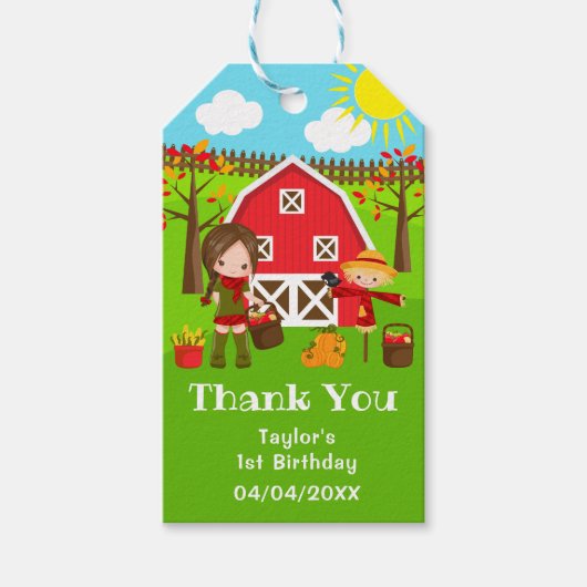 Herfst Barnyard Verjaardag Bruin Haar Meisje Dank Cadeaulabel (Voorkant)