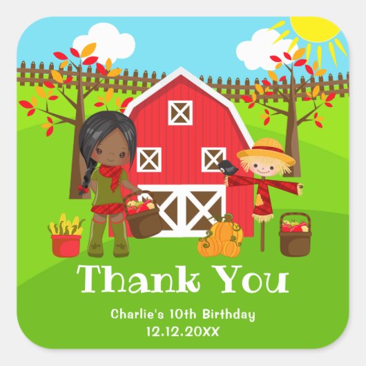 Herfst Barnyard Verjaardag Dark Skin Girl Bedankt Vierkante Sticker (Voorkant)