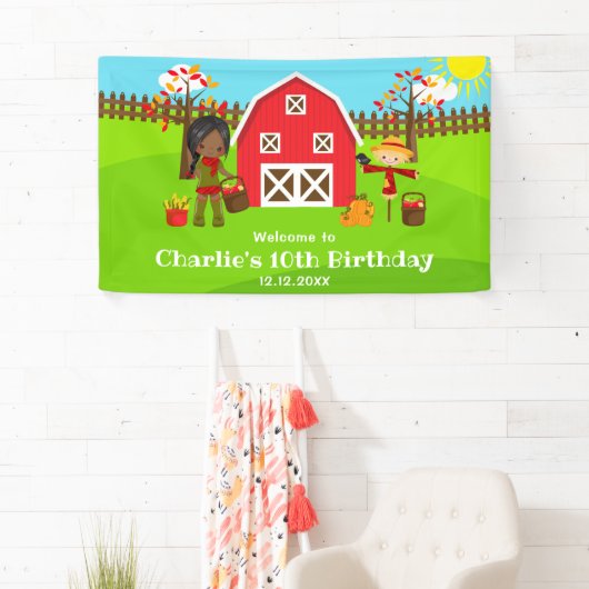 Herfst Barnyard Verjaardag Dark Skin Girl Welkom Spandoek (Insitu)
