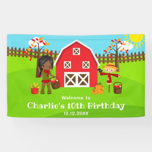 Herfst Barnyard Verjaardag Dark Skin Girl Welkom Spandoek (Horizontaal)