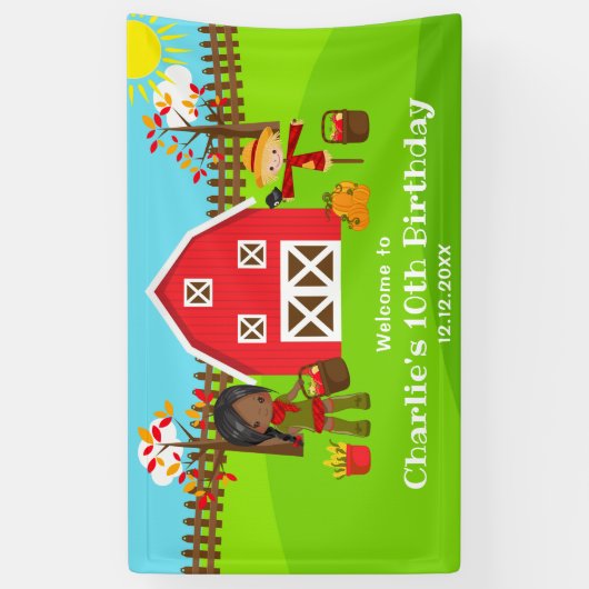 Herfst Barnyard Verjaardag Dark Skin Girl Welkom Spandoek (Verticaal)