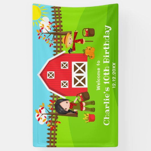 Herfst Barnyard Verjaardag Zwart Haar Meisje Welko Spandoek (Verticaal)
