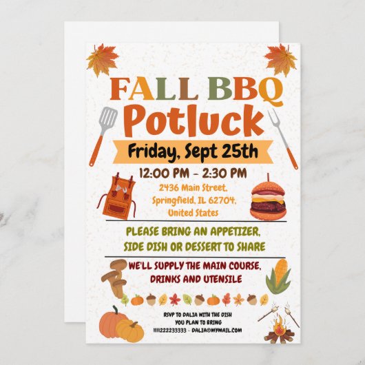Herfst BBQ Potluck Invitation Kaart (Voorkant / Achterkant)