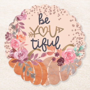 Herfst "Be You tiful" Roze Gouden Bloemige Pompoen Kartonnen Onderzetters