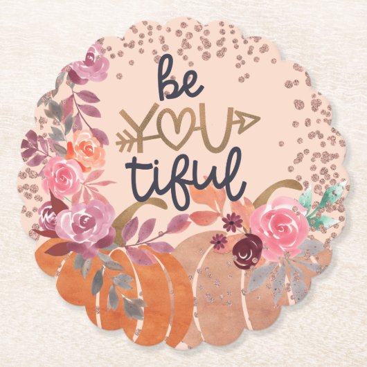 Herfst "Be You tiful" Roze Gouden Bloemige Pompoen Kartonnen Onderzetters (Voorkant)