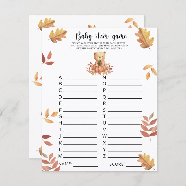 Herfst beer - Baby item spel. Baby shower spel (Voorkant / Achterkant)