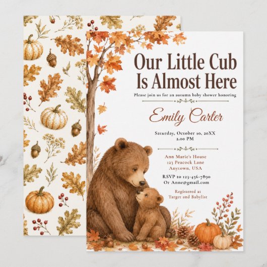 Herfst Beer Baby Shower Kaart (Voorkant / Achterkant)