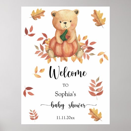 Herfst Beer met pompoen - Welkom baby shower Poster (Voorkant)