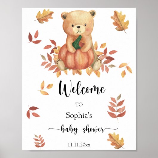 Herfst Beer met pompoen - Welkom baby shower Poster (Voorkant)