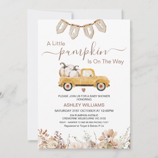 Herfst Beige Brown Little Pumpkin Truck Baby showe Kaart (Voorkant)