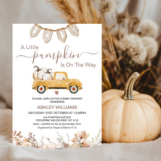 Herfst Beige Brown Little Pumpkin Truck Baby showe Kaart