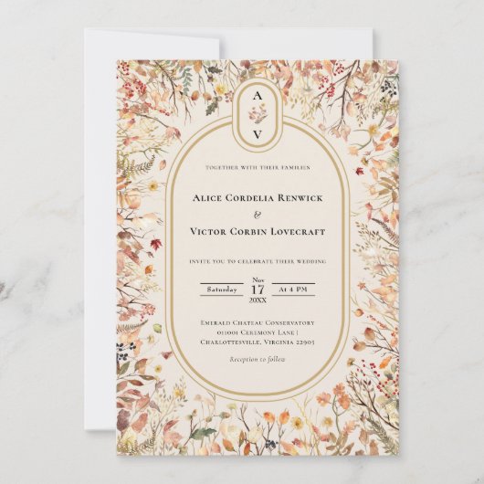 Herfst Beige Bruiloft Monogram Details en Kaart (Voorkant)