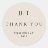 Herfst Beige Eenvoudige Bruiloft Initialen Dank u Ronde Sticker (Voorkant)