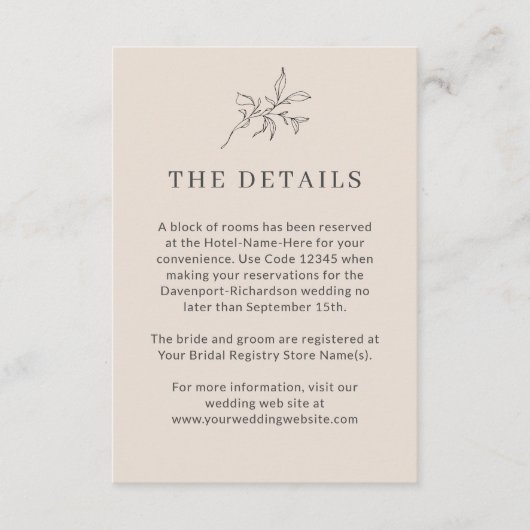 Herfst Beige Eenvoudige Elegante Bruiloft Details Informatiekaartje (Voorkant)