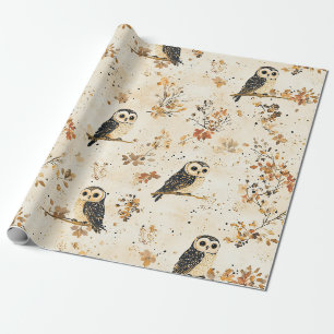 Herfst Beige Uil Botanisch Bos Patroon Cadeaupapier