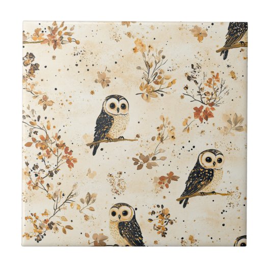 Herfst Beige Uil Botanisch Bos Patroon Tegeltje (Voorkant)
