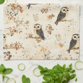 Herfst Beige Uil Botanisch Bos Patroon Theedoek (Gevouwen)