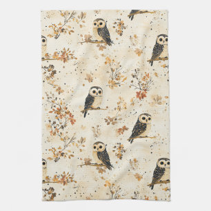 Herfst Beige Uil Botanisch Bos Patroon Theedoek