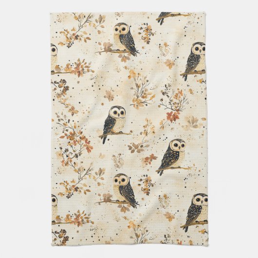 Herfst Beige Uil Botanisch Bos Patroon Theedoek (Verticaal)