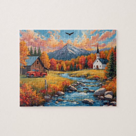 Herfst Berg Kerk Rode Truck Legpuzzel (Horizontaal)
