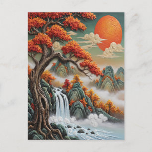 Herfst berglandschap met waterval feestdagenkaart