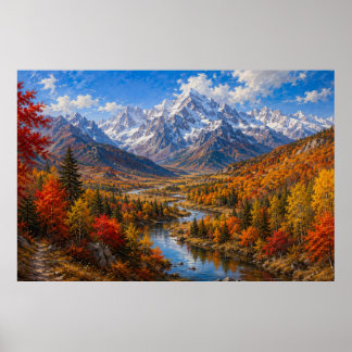 Herfst Bergvallei Olie Schilderij Poster