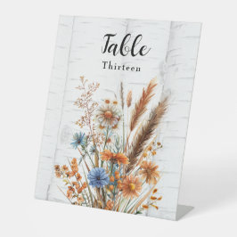 Herfst Berkenboom en Wildflowers Tafelnummer Reclamebord Met Voetstuk