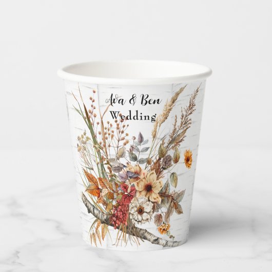 Herfst Birch Tree en Wildflowers Wedding Papieren Bekers (Voorkant)