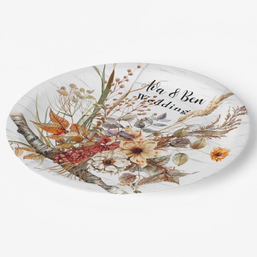 Herfst Birch Tree en Wildflowers Wedding Papieren Bordje (Gekanteld)