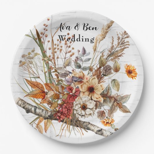 Herfst Birch Tree en Wildflowers Wedding Papieren Bordje (Voorkant)