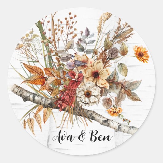 Herfst Birch Tree en Wildflowers Wedding Ronde Sticker (Voorkant)