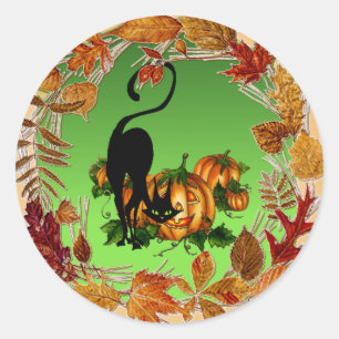 HERFST BLAADJES ZWARTE KAT VAN SHARON SHARPE RONDE STICKER