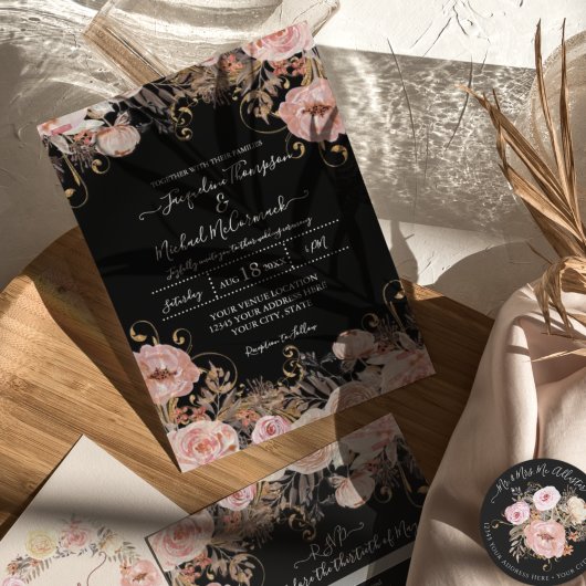 Herfst Black Blush Pink Waterverf Floral Roos Gold Kaart