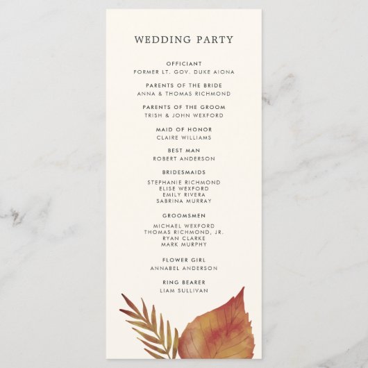 Herfst bladeren bruiloft ceremonie programma programmakaart (Achterkant)