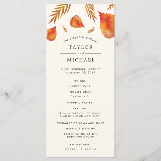 Herfst bladeren bruiloft ceremonie programma programmakaart (Voorkant)