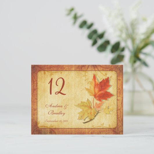 Herfst bladeren bruiloft tafel nummer Kaart (Staand voorkant)