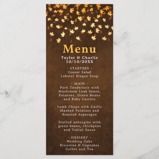 Herfst bladeren bruin en goud bruiloft menu (Voorkant)