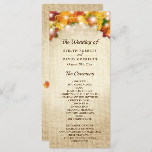herfst bladeren burlap string verlichting bruiloft programmakaart (Voorkant / Achterkant)