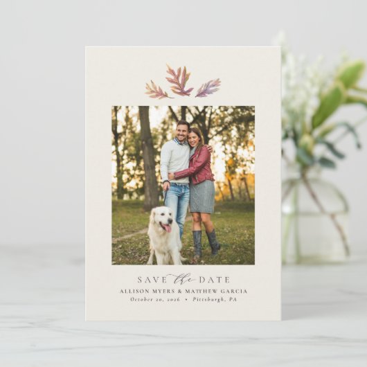 Herfst bladeren eenvoudige één foto elegante herfs save the date (Staand voorkant)