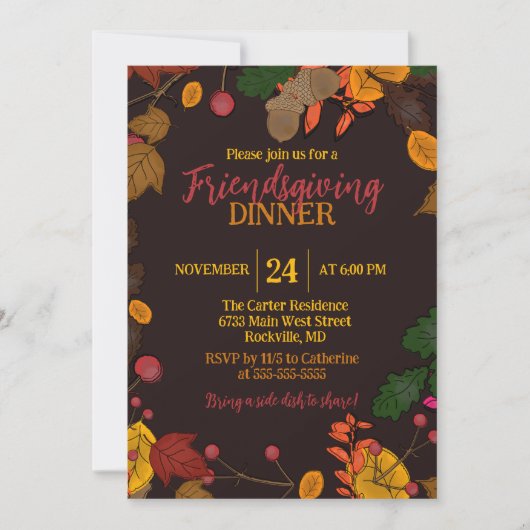 Herfst bladeren eikels bessen Friendsgiving diner Kaart (Voorkant)