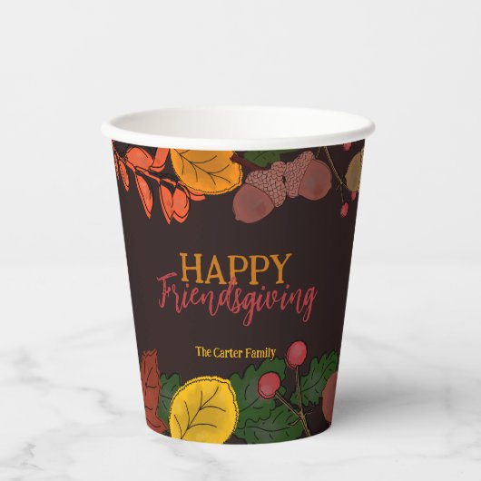 Herfst bladeren eikels bessen Friendsgiving diner Papieren Bekers (Voorkant)