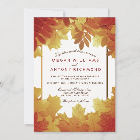 Herfst bladeren Elegante herfst bruiloft uitnodigi Kaart (Voorkant)