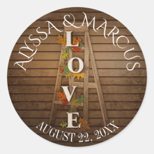 Herfst bladeren en ladder rustieke bruiloft ronde sticker