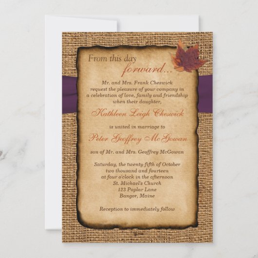 Herfst bladeren, FAUX burlap bruiloft uitnodiging (Achterkant)