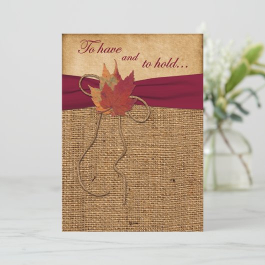 Herfst bladeren, FAUX Burlap bruiloft uitnodiging  (Staand voorkant)