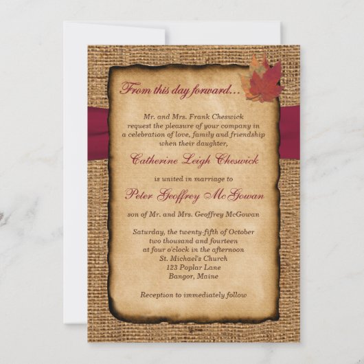 Herfst bladeren, FAUX Burlap bruiloft uitnodiging  (Achterkant)
