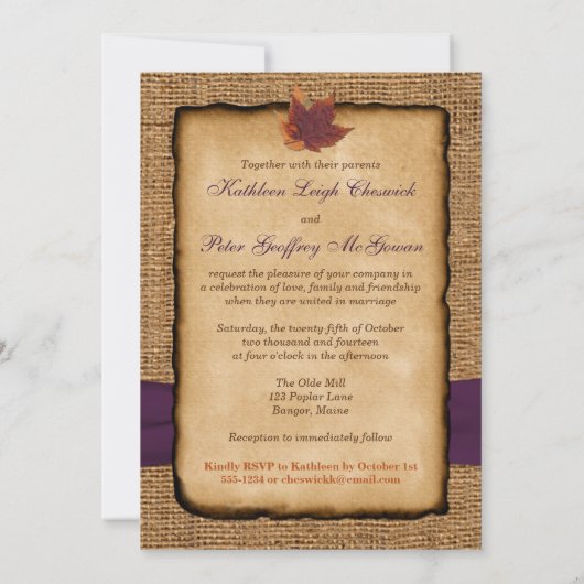 Herfst bladeren, FAUX burlap FOTO bruiloft uitnodi Kaart (Achterkant)