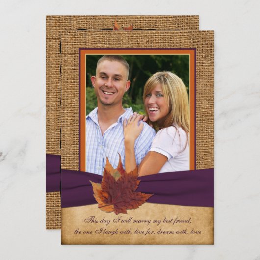 Herfst bladeren, FAUX burlap FOTO bruiloft uitnodi Kaart (Voorkant / Achterkant)