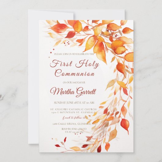 Herfst Bladeren Geel en Rood Eerste Communie Kaart (Voorkant)